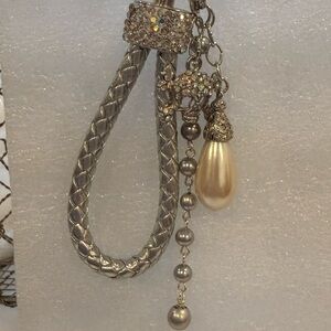 Silver Braided Skull & Pearl Keychain - Rhinestone Punk Glam Purse Charm - New